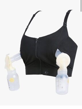 Two (2) Hands Free Pumping Bras Nursing Black Front-Zip Velcro Adjustable Back M
